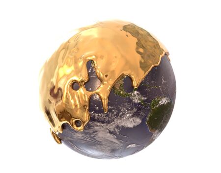 Earth covered with liquid gold, 3d illustrationの写真素材