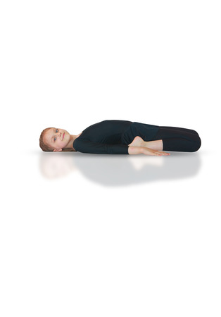 little girl doing yoga on white backgroundの写真素材