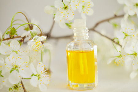 Essence of flowers on a table in a beautiful glass jarの写真素材