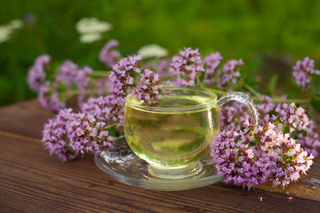 delicious green tea in a beautiful glass bowl on a tableの写真素材