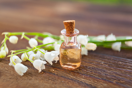 Essence of flowers on a table in a beautiful glass jarの写真素材