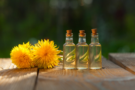 dandelion essential oil in a beautiful bottle on the tableの写真素材