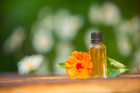 Zinnia essential oil in a beautiful bottle on the wooden backgroundの写真素材