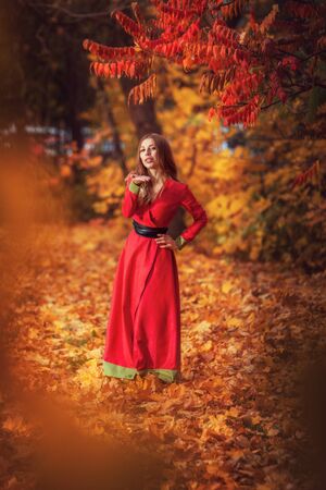 beautiful woman in the autumn in the red forest walksの写真素材