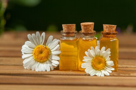 Essence of flowers on a table in a beautiful glass jarの写真素材