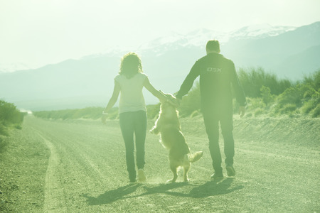 Family walking back with Golden Retriever jumpingの写真素材