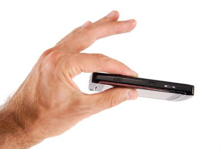 glossy black cell phone in a man's hand