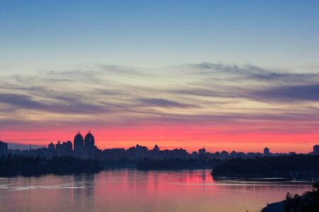 Dnipro River and the city of Kiev in the sunsetの写真素材