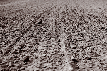 plowed land with furrows going off into the distanceの写真素材