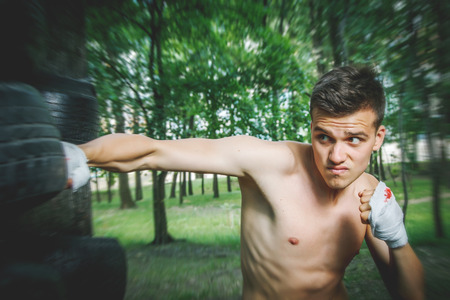 strong young boxer trains fists and handsの写真素材