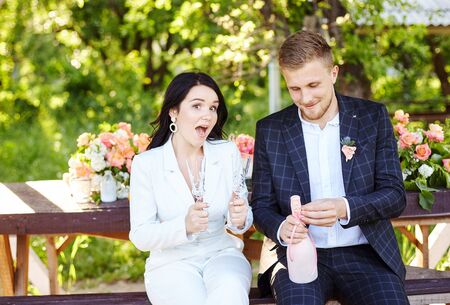 Stylish wedding picnic with cake and champagneの写真素材