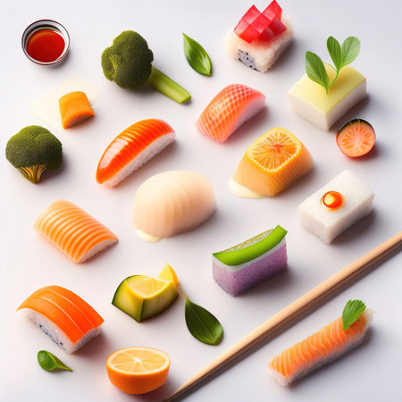 A set of various sushi, different recipes, created with the help of AIの素材