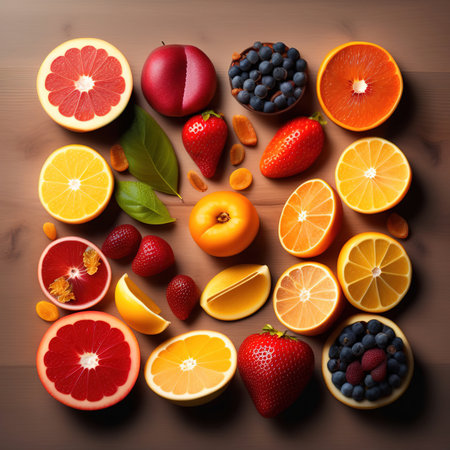 Different types of fresh fruits and berries on wooden background, top viewの素材