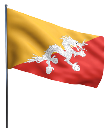 Bhutan flag waving image isolated on white. Clipping path included.の写真素材