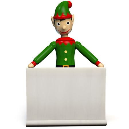 Elf Holding a Blank Christmas Gift Wishlist Roll. 3D Illustration.の写真素材