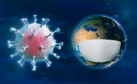 Coronavirus COVID-19 and Earth in Face Mask Concept Illustration. Planet in Danger Reflecting Lockdown and Sellf Isolation.の写真素材