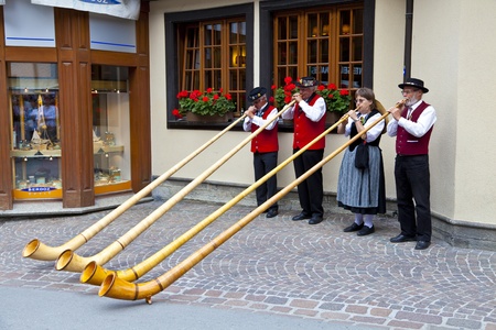 Band of swiss musicians playing in Zermatt streetsのeditorial素材