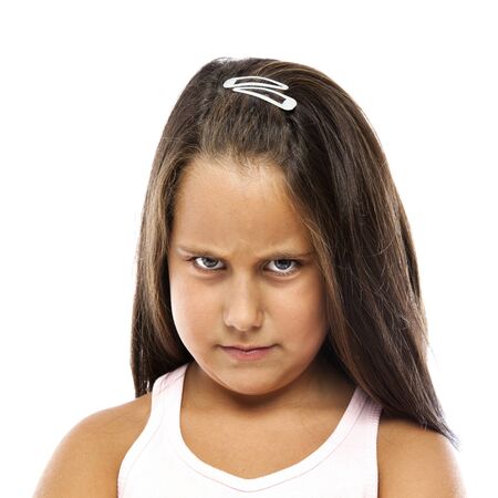 Little Angry Girl Isolated in White Backgroundの写真素材