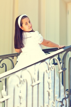 Portrait of a Cute Little Girl in her First Communion Dayの写真素材