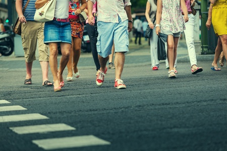 People Crossing the Street in Gran Via, Madridの写真素材