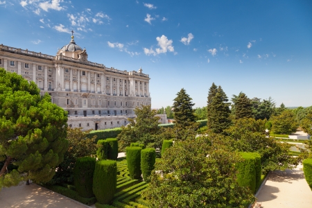 Facade of Madrid Royal Palace and Sabatini Gardens, Madrid, Spainの写真素材