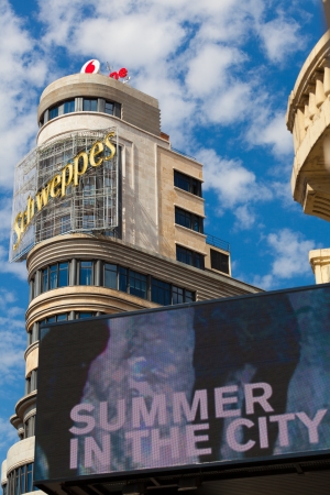 MADRID, SPAIN - AUGUST 12: Capitol-Carrion Building in Madrid with Theatre Screen. This building is an icon of Madrid city and it is situated in Gran Via street, the "Spanish Broadway" where many cinemas, theatres, shops and restaurant are located.の写真素材