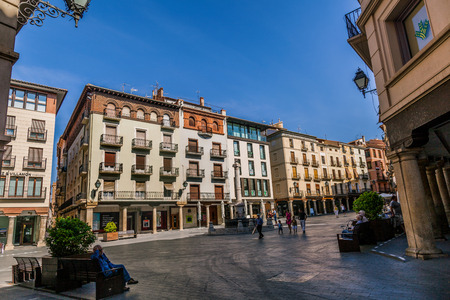 TERUEL, SPAIN - AUGUST 24: Plaza del Torico is the nerve center of Teruel from its medieval origins. Its most emblematic point is the "Torico" a small sculpture of 1858, elevated on a high pedestal, on Teruel in August 24, 2014のeditorial素材