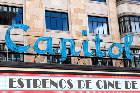 MADRID, SPAIN - SEPTEMBER 7: Luminous Sign of the Famous Capitol Cinema ocated in the Carrion building and inaugurated on 1933, on September 7, 2014 in Madrid, Spainのeditorial素材