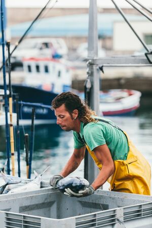 FUERTEVENTURA, SPAIN - OCTOBER 27: Fishermen unloading catch in the port of Morro Jable. October 27,...