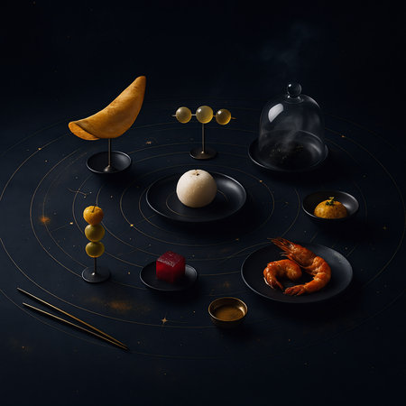 3d illustration of japanese food set on black background.の写真素材