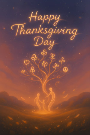 Happy Thanksgiving card with tree in the night sky. Vector illustration.の写真素材