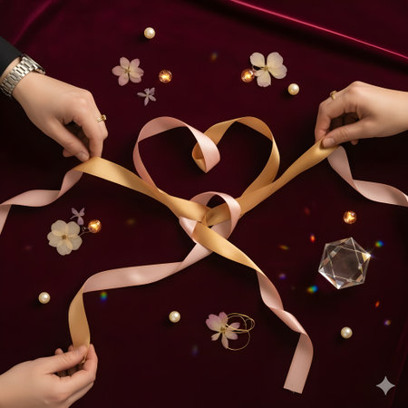 Valentine's day concept. Top view of female hands holding golden ribbon over red velvet backgroundの写真素材