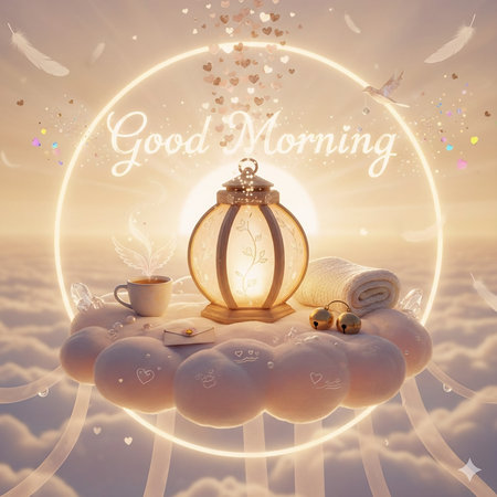 Good Morning greeting card with lantern, tea cup, clouds and text. 3D renderingの写真素材