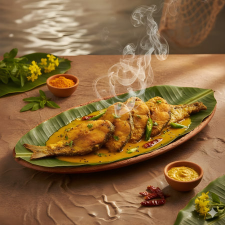 Fish fry in curry sauce on banana leaf. Thai style food.の写真素材
