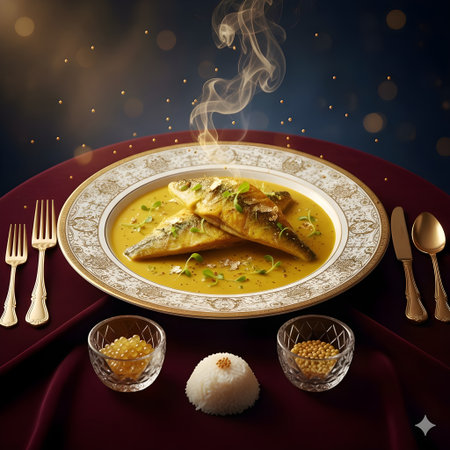 Fish curry with rice on a dark background. 3d rendering.の写真素材