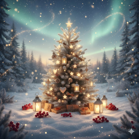 Christmas tree with gifts and lanterns in the winter forest. 3D illustration.の写真素材