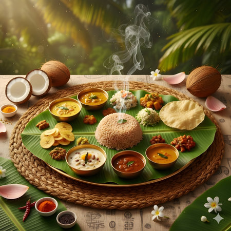 Traditional Dessert and Vegetable Curry on banana leaf with coconutの写真素材