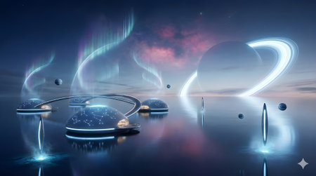 Futuristic abstract background with space and planets. 3d renderingの写真素材