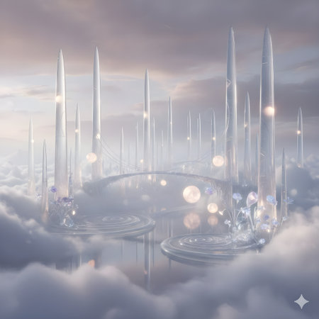 3D illustration of a fantasy landscape with a bridge in the cloudsの写真素材