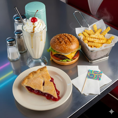 Hamburger, french fries and pie on a black tableの写真素材