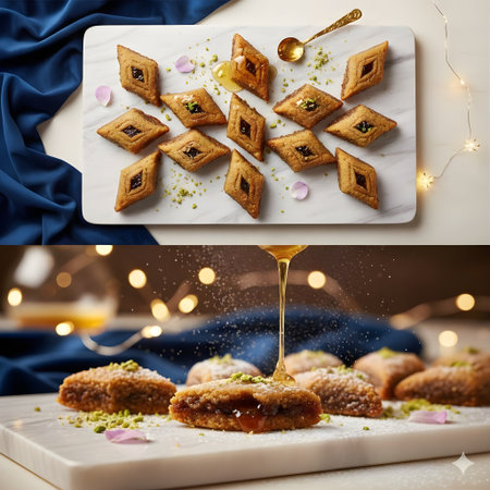 Collage of traditional turkish sweets baklava with pistachiosの写真素材