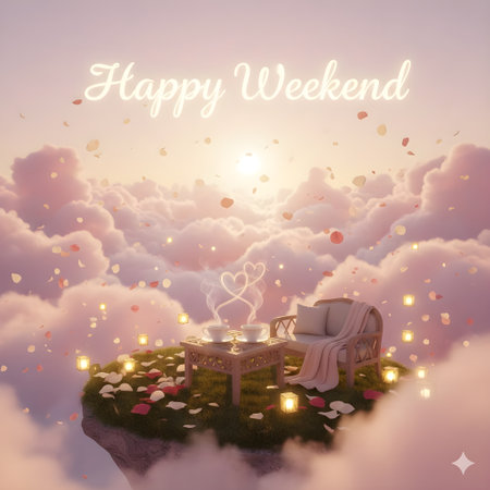 Valentine's day greeting card with coffee table and chairs in the cloudsの写真素材