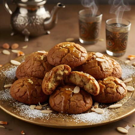Homemade cookies with almonds and cup of tea on wooden backgroundの写真素材