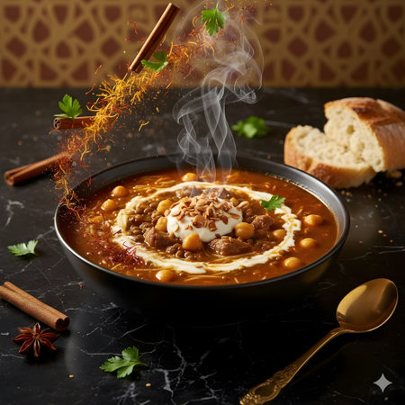 Moroccan harira in black bowl on dark marble background.の写真素材