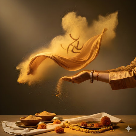 Indian festival, showing golden dumpling and dahi handの写真素材