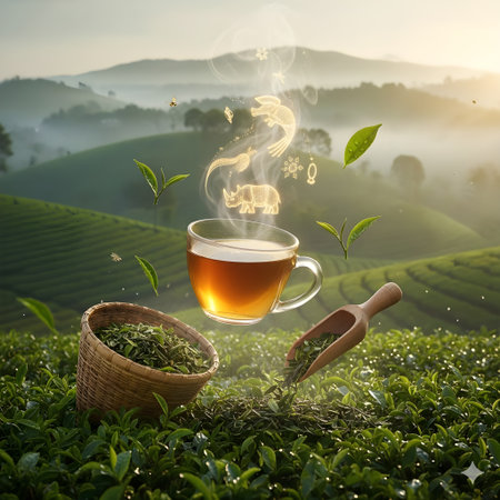 Tea leaf and cup of tea on the tea plantation at sunriseの写真素材