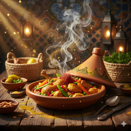 Moroccan tagine on a wooden table.の写真素材