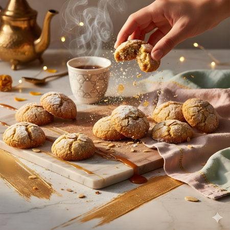 Woman's hand sprinkling Moroccan Ghriba cookies with icing sugar on table, closeupの写真素材