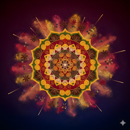 Indian mandala with fire and smoke on dark background. Vector illustration.の写真素材