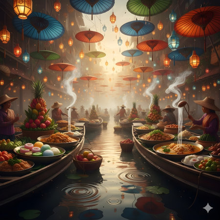 Fantasy landscape of floating market with traditional asian food in Thailandの写真素材
